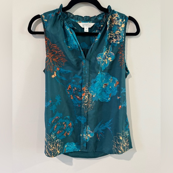 Market & Spruce Teal Floral Sleeveless Blouse - Picture 1 of 4